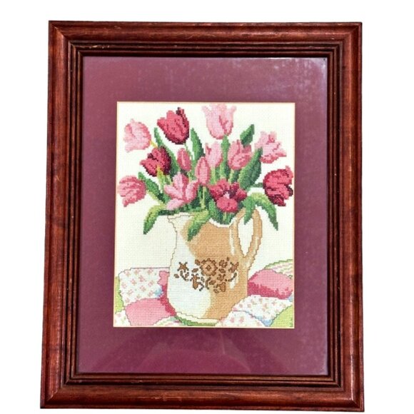 Framed Finished Pink Tulips Floral Cross Stitch Picture w Glass 13.5" x 16.5" - Picture 1 of 12